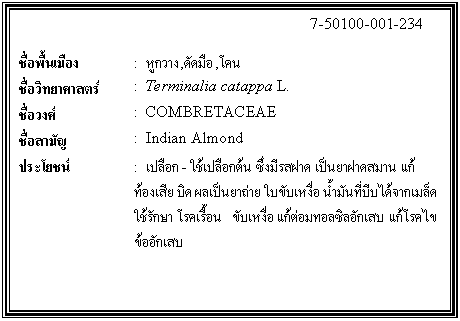 กล่องข้อความ: 7-50100-001-234 ชื่อพื้นเมือง : หูกวาง,ดัดมือ,โคน ชื่อวิทยาศาสตร์ : Terminalia catappa L. ชื่อวงศ์ : COMBRETACEAE ชื่อสามัญ : Indian Almond ประโยชน์ : เปลือก - ใช้เปลือกต้น ซึ่งมีรสฝาด เป็นยาฝาดสมาน แก้ท้องเสีย บิด ผลเป็นยาถ่าย ใบขับเหงื่อ น้ำมันที่บีบได้จากเมล็ดใช้รักษา โรคเรื้อน ขับเหงื่อ แก้ต่อมทอลซิลอักเสบ แก้โรคไขข้ออักเสบ